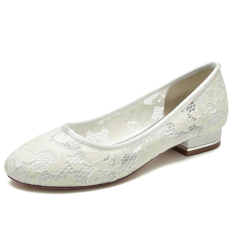 Women's Wedding Shoes Closed Toe Low Heel Lace Cutout Simple Bridal Shoes
