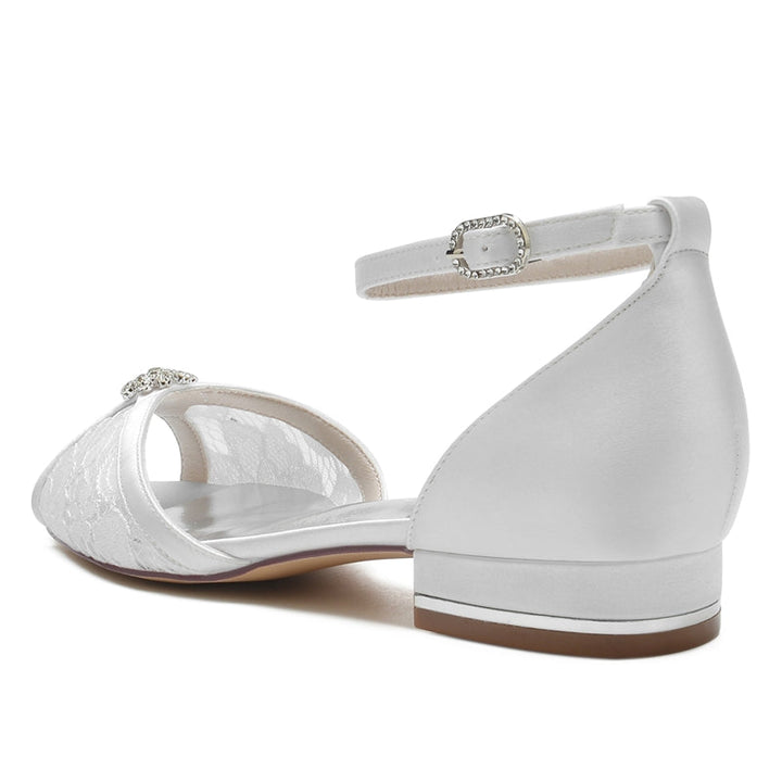 Women's Wedding Shoes Peep Toe Low Heel Lace Cutout Buckle Bridal Shoes with Rhinestone