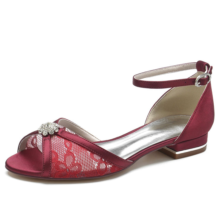 Women's Wedding Shoes Peep Toe Low Heel Lace Cutout Buckle Bridal Shoes with Rhinestone