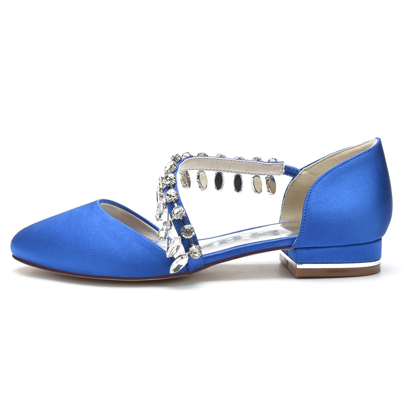 Women's Wedding Shoes Round Toe Flat Heel Silk Satin Bridal Shoes with Rhinestone Strap