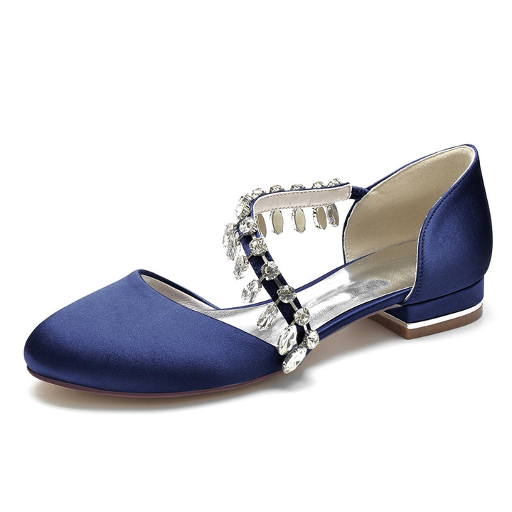 Women's Wedding Shoes Round Toe Flat Heel Silk Satin Bridal Shoes with Rhinestone Strap