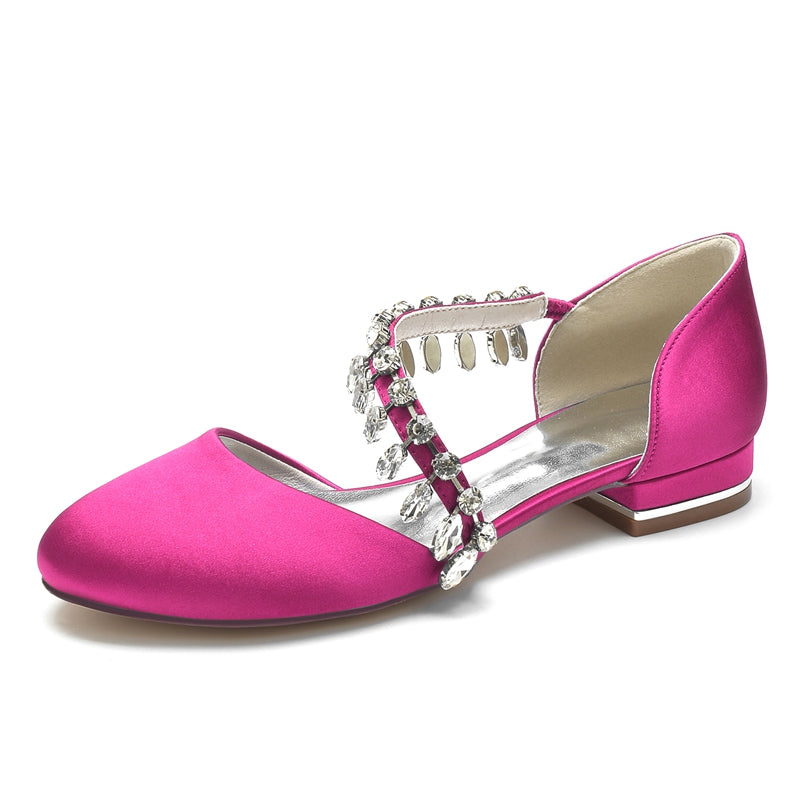 Women's Wedding Shoes Round Toe Flat Heel Silk Satin Bridal Shoes with Rhinestone Strap