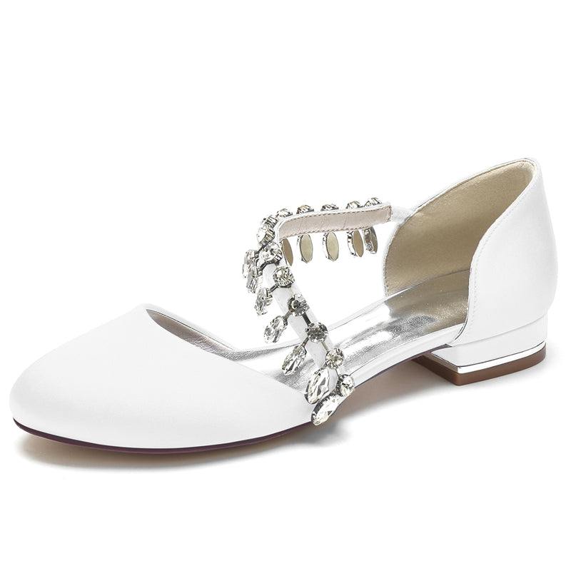 Women's Wedding Shoes Round Toe Flat Heel Silk Satin Bridal Shoes with Rhinestone Strap