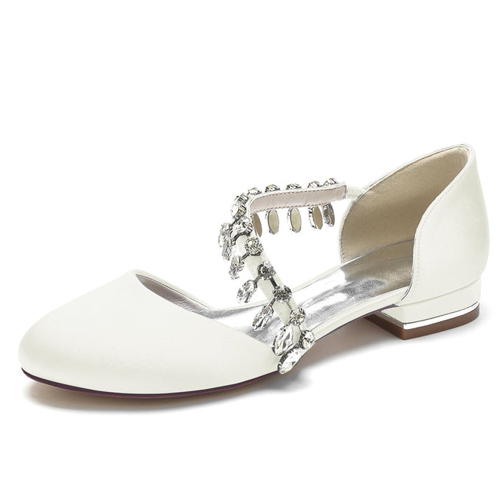 Women's Wedding Shoes Round Toe Flat Heel Silk Satin Bridal Shoes with Rhinestone Strap