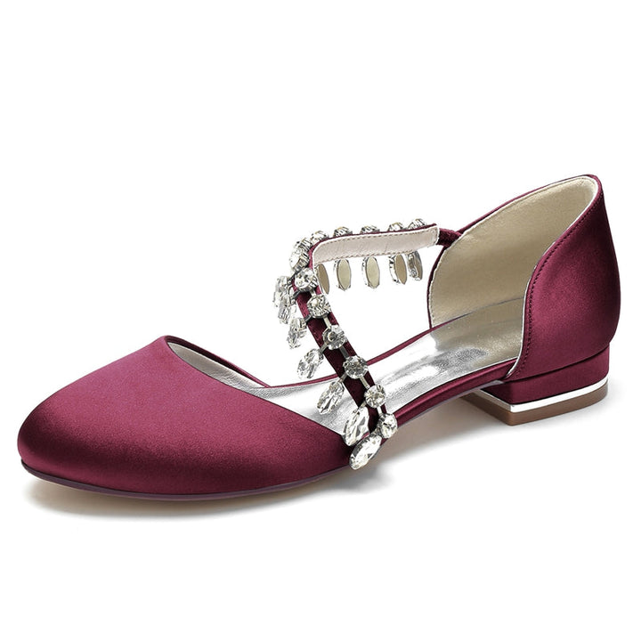 Women's Wedding Shoes Round Toe Flat Heel Silk Satin Bridal Shoes with Rhinestone Strap