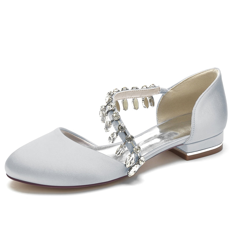 Women's Wedding Shoes Round Toe Flat Heel Silk Satin Bridal Shoes with Rhinestone Strap