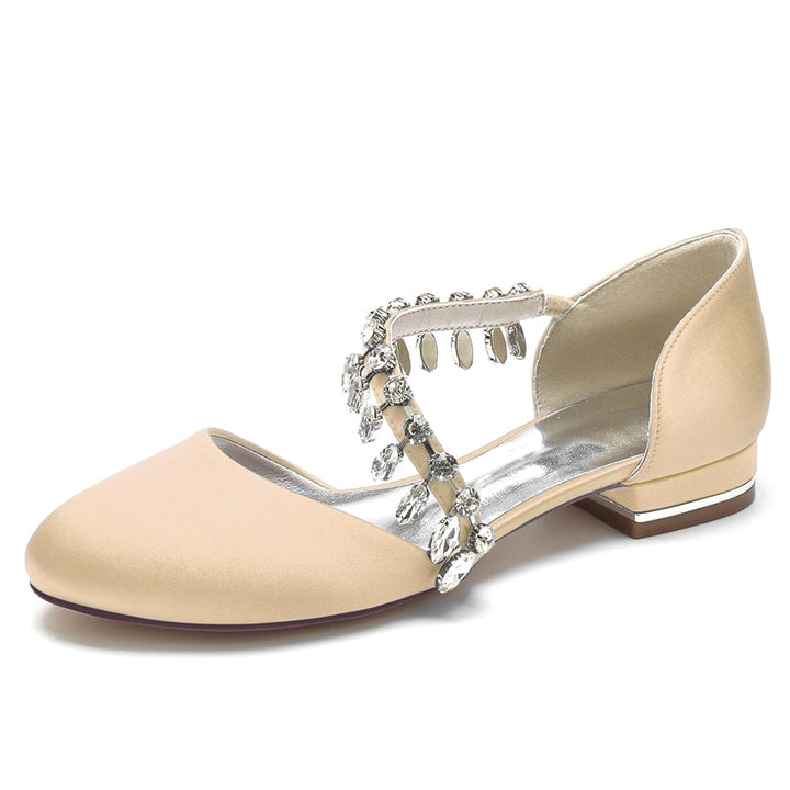 Women's Wedding Shoes Round Toe Flat Heel Silk Satin Bridal Shoes with Rhinestone Strap