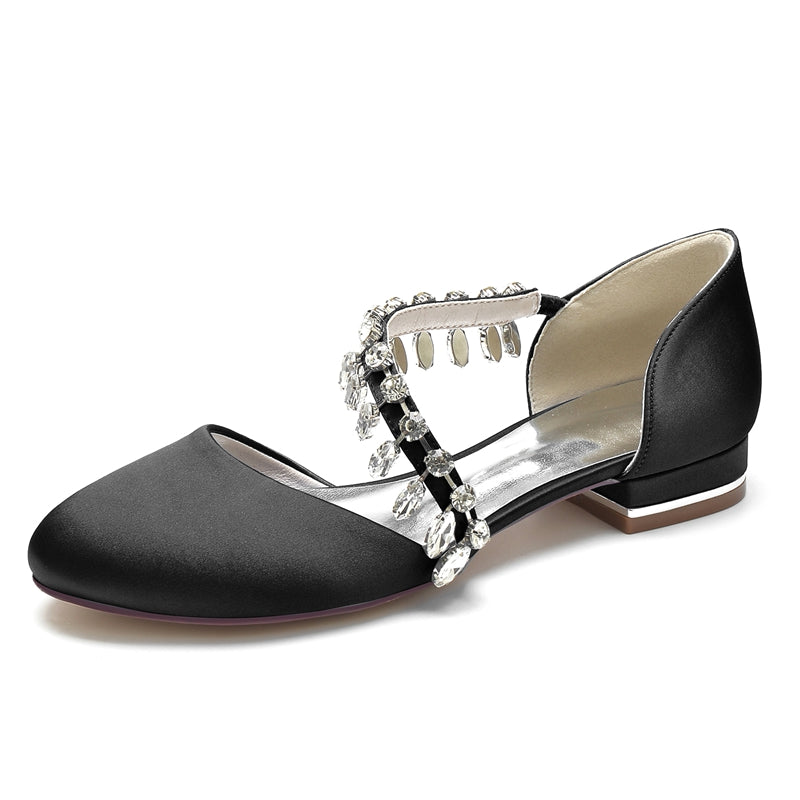 Women's Wedding Shoes Round Toe Flat Heel Silk Satin Bridal Shoes with Rhinestone Strap