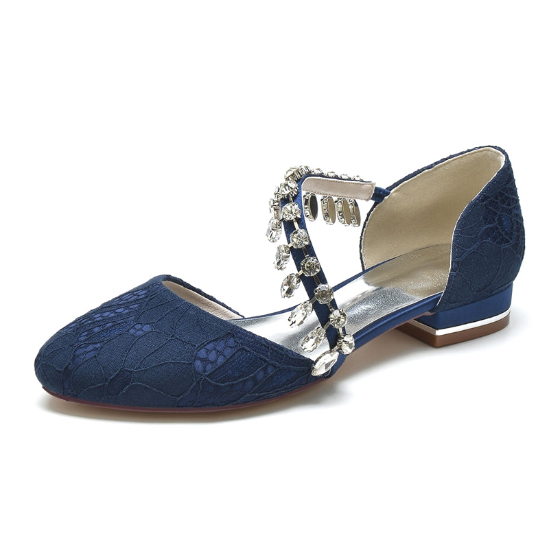 Women's Wedding Shoes Closed Toe Low Heel Lace Rhinestone Strap Bridal Shoes