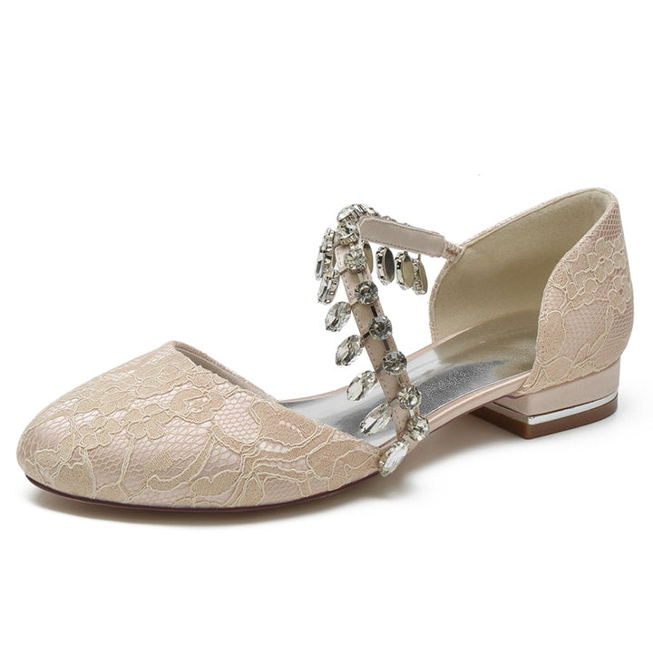 Women's Wedding Shoes Closed Toe Low Heel Lace Rhinestone Strap Bridal Shoes
