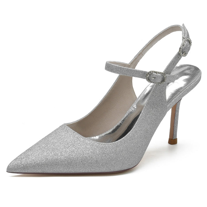 Women's Wedding Shoes Pointed Toe High Heel Stretch Glitter Luxurious Buckle Bridal Shoes