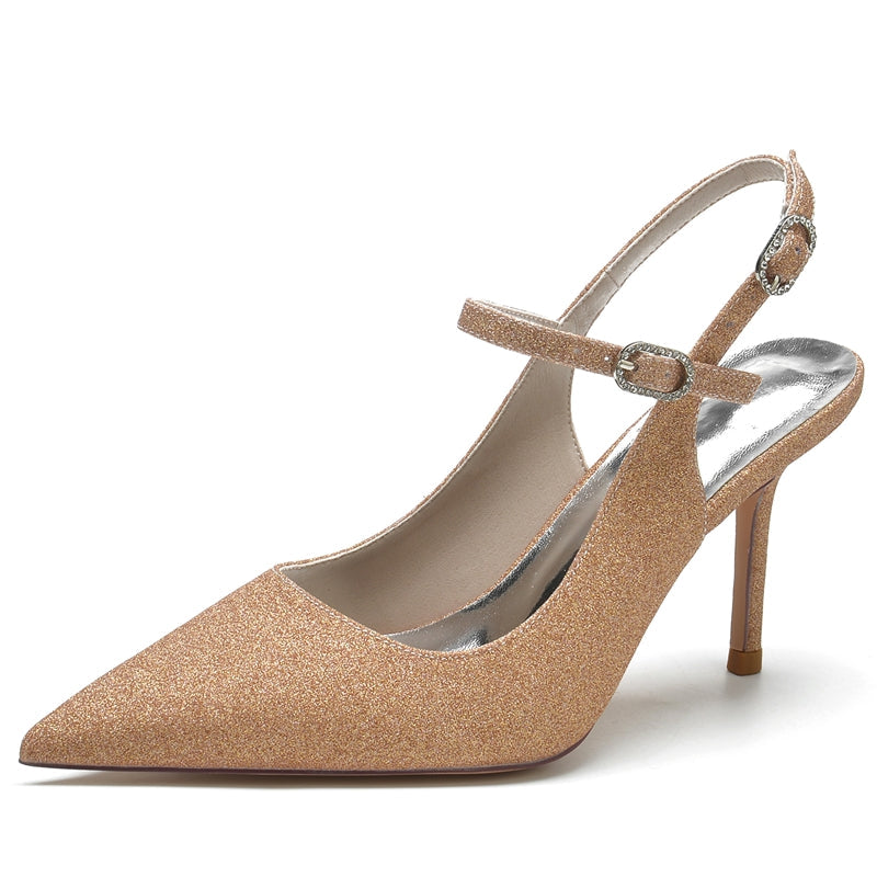 Women's Wedding Shoes Pointed Toe High Heel Stretch Glitter Luxurious Buckle Bridal Shoes
