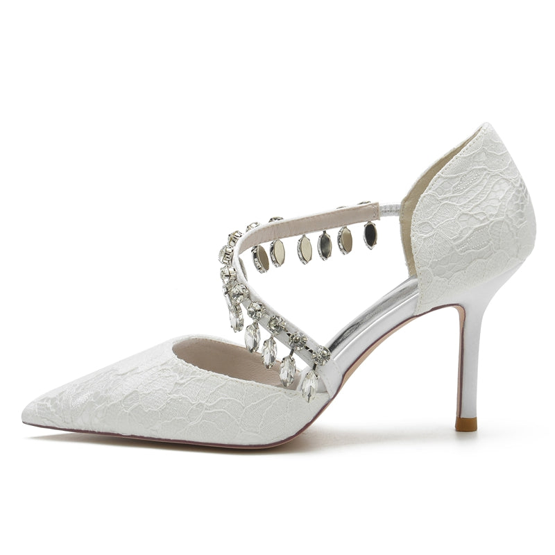 Women's Wedding Shoes Pointed Toe Stiletto Heel Lace Rhinestone Strap Bridal Shoes