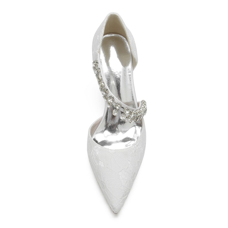 Women's Wedding Shoes Pointed Toe Stiletto Heel Lace Rhinestone Strap Bridal Shoes