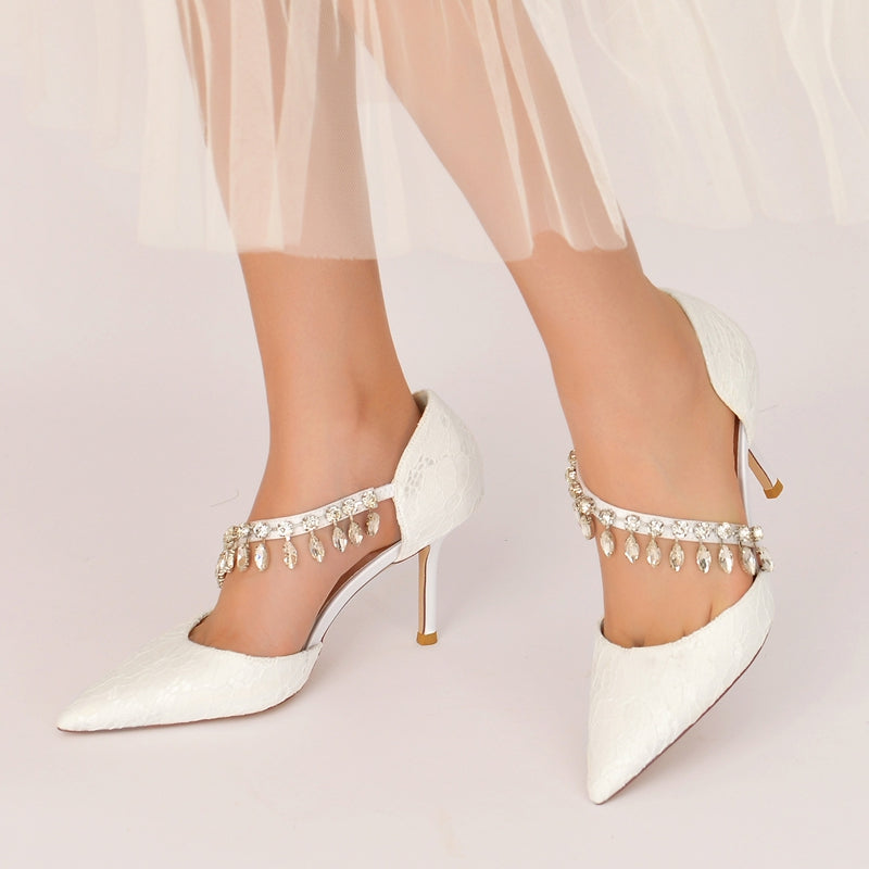 Women's Wedding Shoes Pointed Toe Stiletto Heel Lace Rhinestone Strap Bridal Shoes