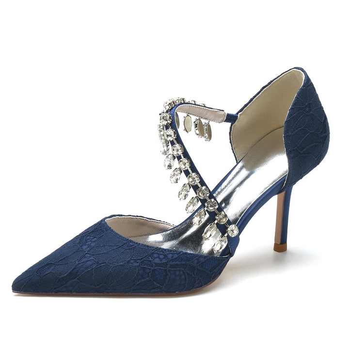 Women's Wedding Shoes Pointed Toe Stiletto Heel Lace Rhinestone Strap Bridal Shoes