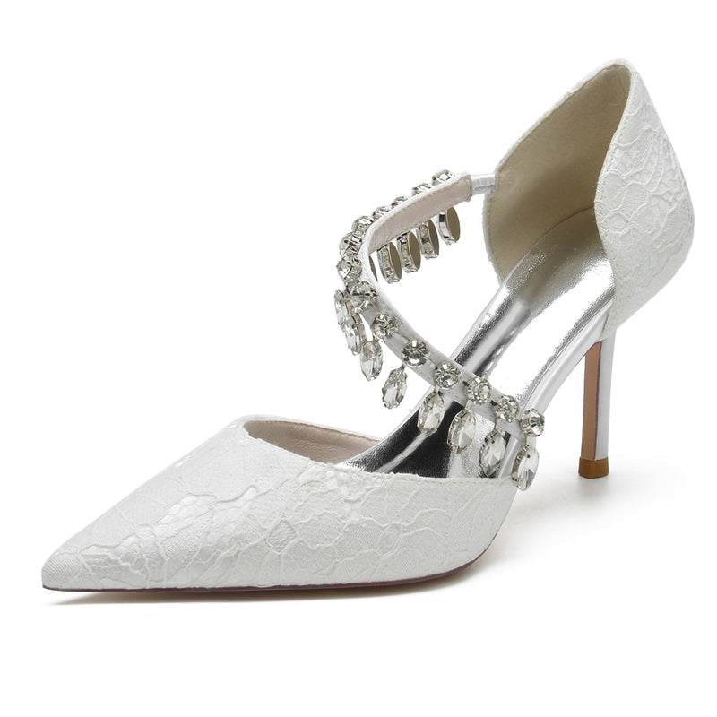 Women's Wedding Shoes Pointed Toe Stiletto Heel Lace Rhinestone Strap Bridal Shoes