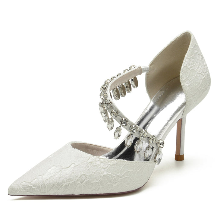 Women's Wedding Shoes Pointed Toe Stiletto Heel Lace Rhinestone Strap Bridal Shoes