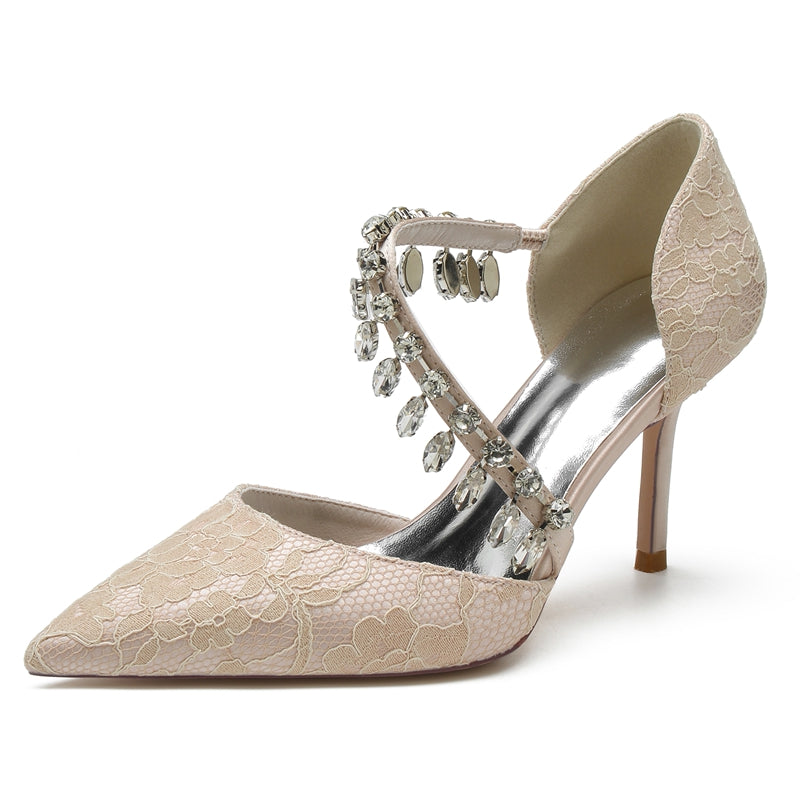 Women's Wedding Shoes Pointed Toe Stiletto Heel Lace Rhinestone Strap Bridal Shoes
