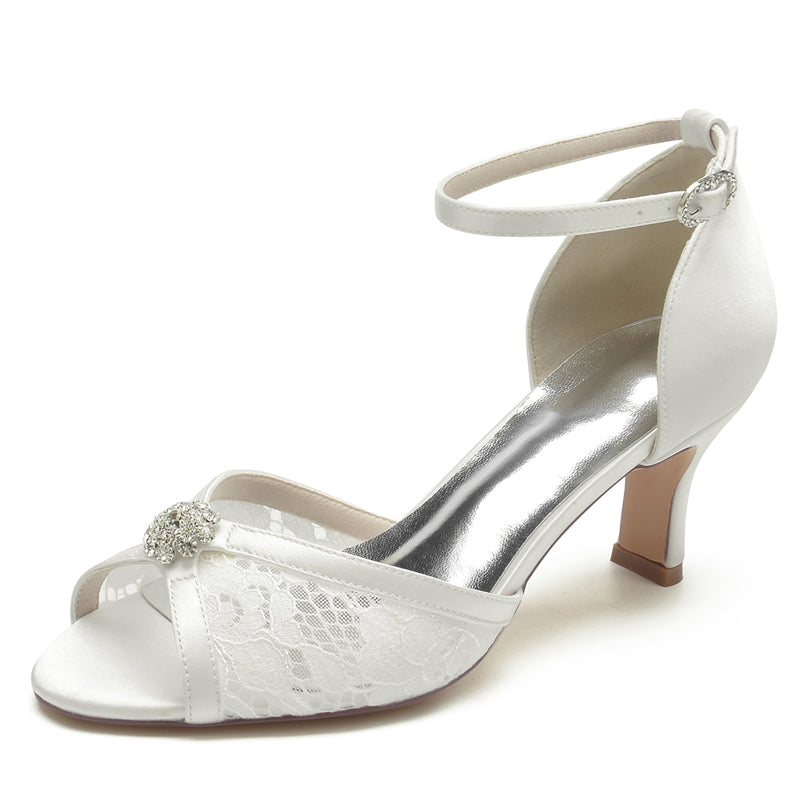 Women's Wedding Shoes Opened Toe Mid Heel Lace Rhinestone Buckle Bridal Shoes