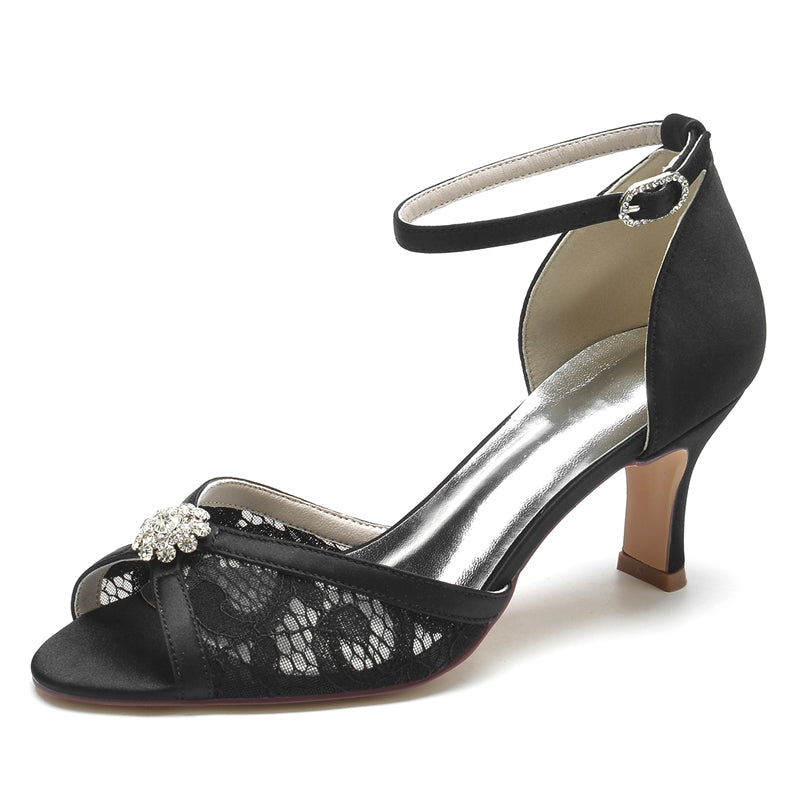 Women's Wedding Shoes Opened Toe Mid Heel Lace Rhinestone Buckle Bridal Shoes