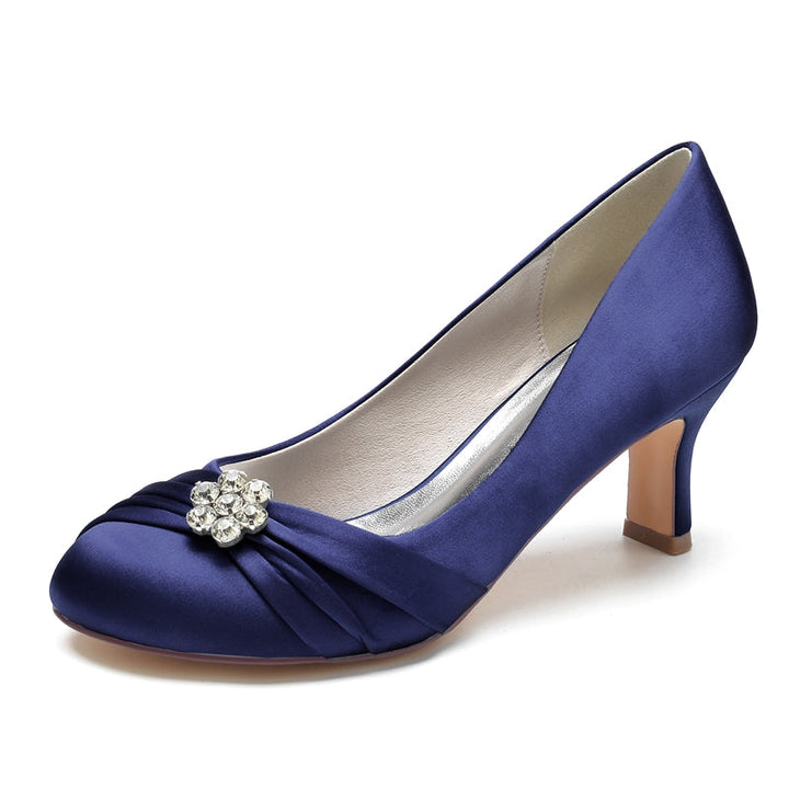 Women's Wedding Shoes Round Toe Mid Heel Comfortable Bridal Shoes with Rhinestone & Ruffles