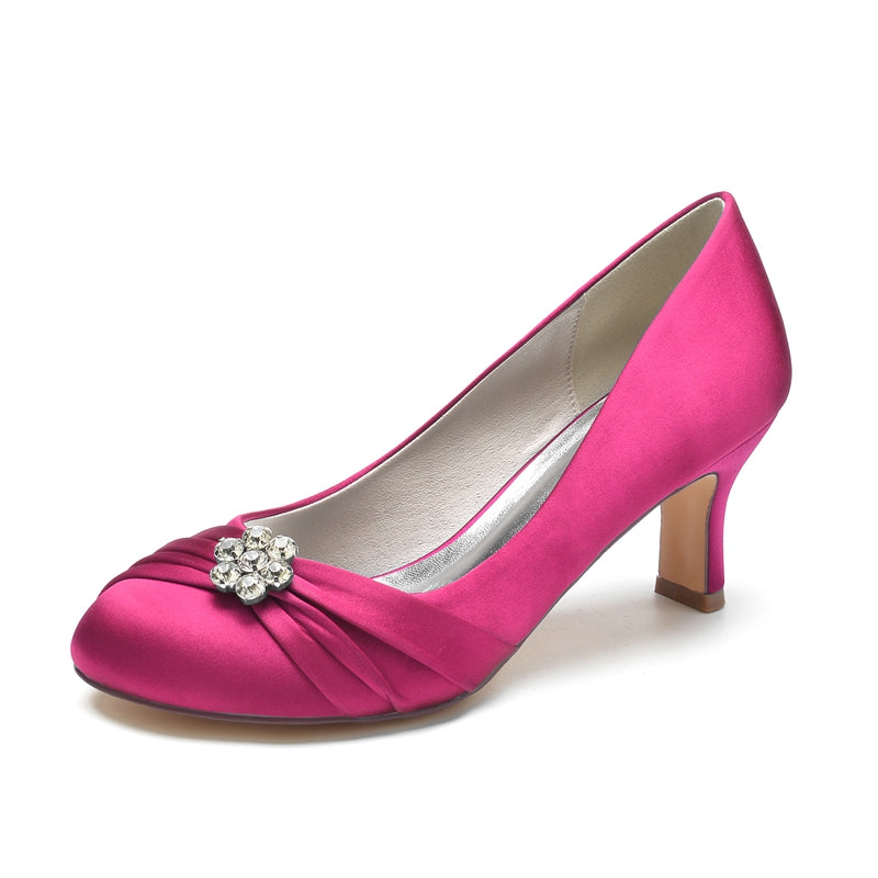 Women's Wedding Shoes Round Toe Mid Heel Comfortable Bridal Shoes with Rhinestone & Ruffles