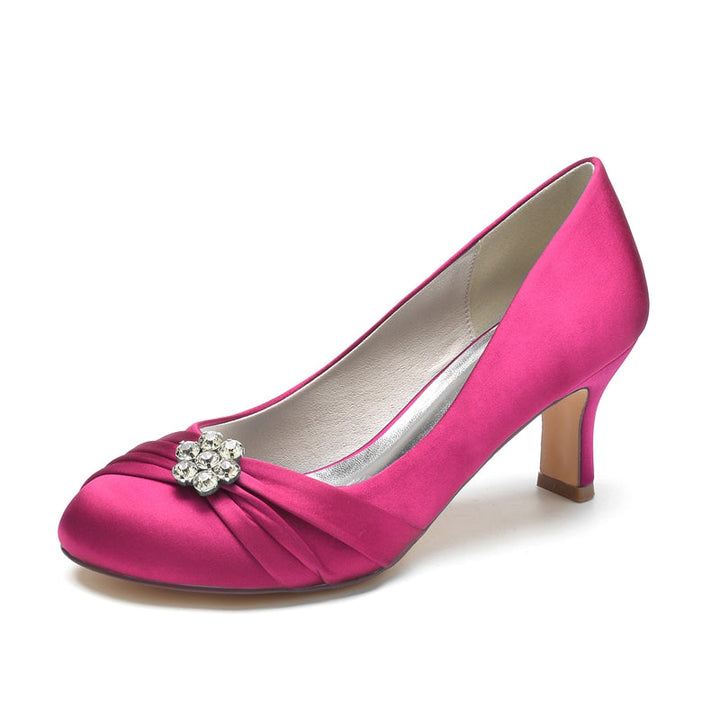 Women's Wedding Shoes Round Toe Mid Heel Comfortable Bridal Shoes with Rhinestone & Ruffles