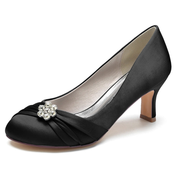 Women's Wedding Shoes Round Toe Mid Heel Comfortable Bridal Shoes with Rhinestone & Ruffles