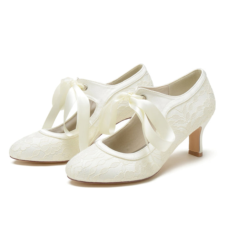 Women's Wedding Shoes Round Toe Mid Heel Lace Stylish Bridal Shoes with Bow Straps
