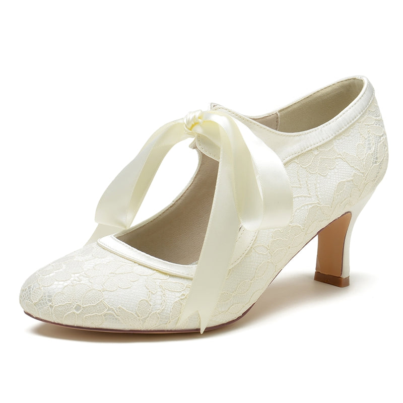 Women's Wedding Shoes Round Toe Mid Heel Lace Stylish Bridal Shoes with Bow Straps