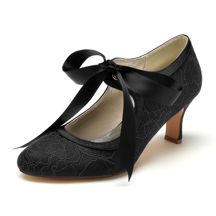 Women's Wedding Shoes Round Toe Mid Heel Lace Stylish Bridal Shoes with Bow Straps