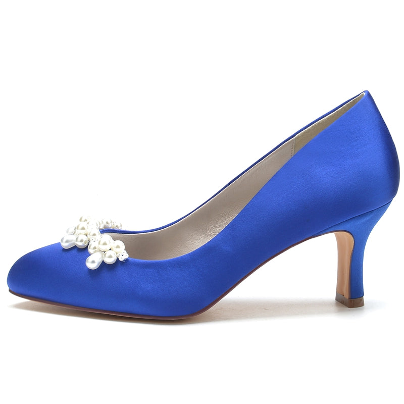 Women's Wedding Shoes Dark Blue Round Toe Delicate Pearl Elegant Bridal Shoes