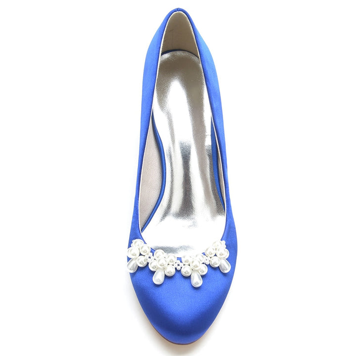 Women's Wedding Shoes Dark Blue Round Toe Delicate Pearl Elegant Bridal Shoes