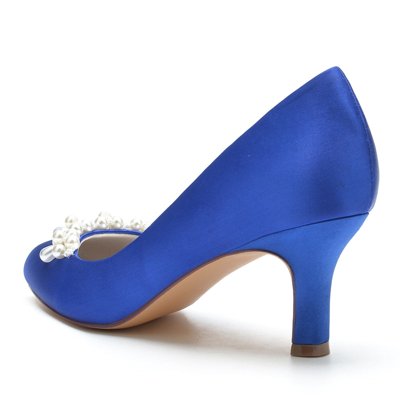 Women's Wedding Shoes Dark Blue Round Toe Delicate Pearl Elegant Bridal Shoes