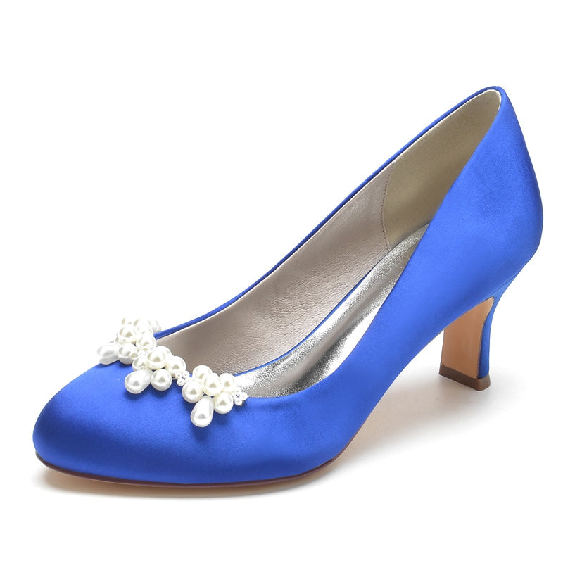 Women's Wedding Shoes Dark Blue Round Toe Delicate Pearl Elegant Bridal Shoes