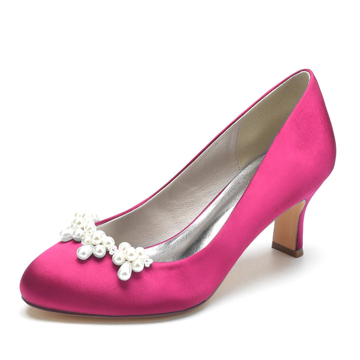 Women's Wedding Shoes Dark Blue Round Toe Delicate Pearl Elegant Bridal Shoes