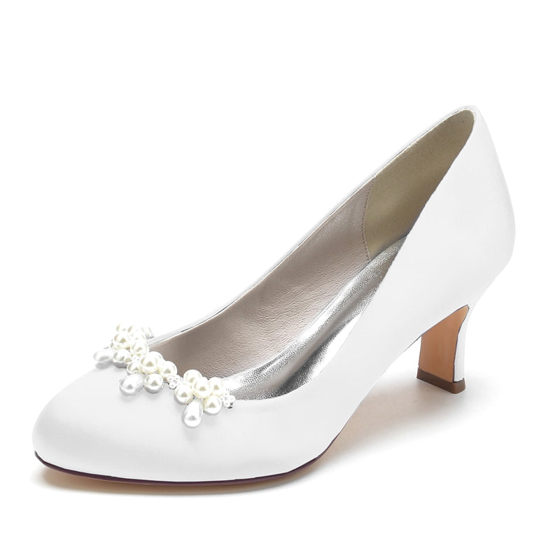 Women's Wedding Shoes Dark Blue Round Toe Delicate Pearl Elegant Bridal Shoes