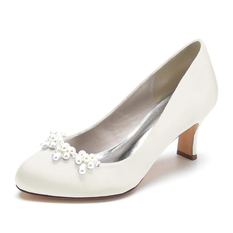 Women's Wedding Shoes Dark Blue Round Toe Delicate Pearl Elegant Bridal Shoes