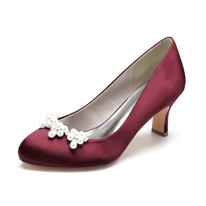 Women's Wedding Shoes Dark Blue Round Toe Delicate Pearl Elegant Bridal Shoes