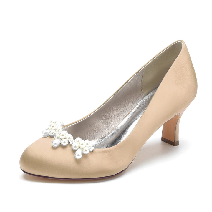 Women's Wedding Shoes Dark Blue Round Toe Delicate Pearl Elegant Bridal Shoes