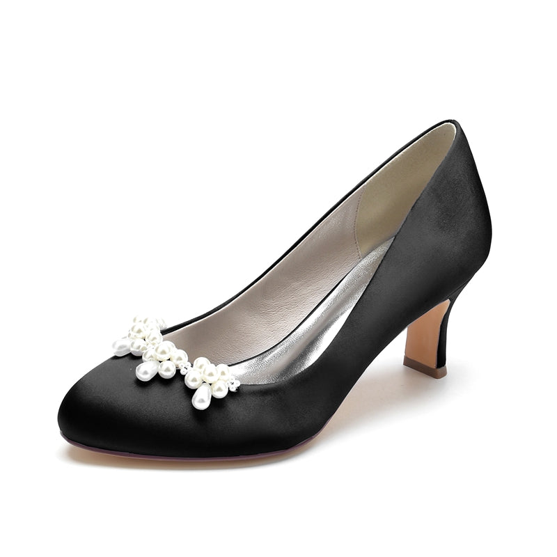 Women's Wedding Shoes Dark Blue Round Toe Delicate Pearl Elegant Bridal Shoes