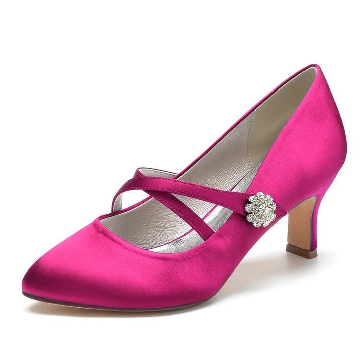 Women's Wedding Shoes Round Toe Mid Heel Crossed Straps Stylish Bridal Shoes with Rhinestone