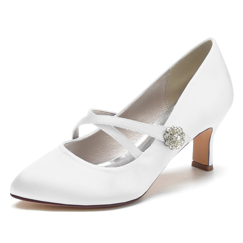 Women's Wedding Shoes Round Toe Mid Heel Crossed Straps Stylish Bridal Shoes with Rhinestone