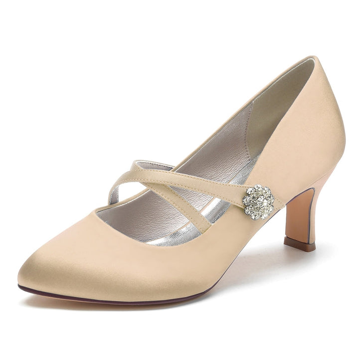 Women's Wedding Shoes Round Toe Mid Heel Crossed Straps Stylish Bridal Shoes with Rhinestone