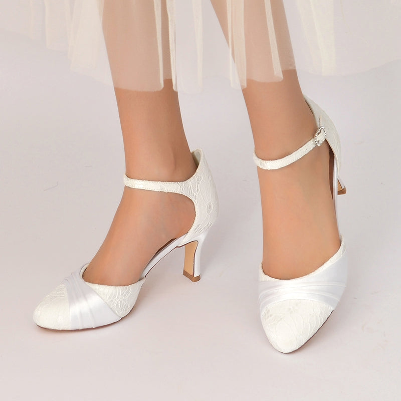 Women's Wedding Shoes Closed Toe Mid Heel Lace Exquisite Buckle Bridal Shoes with Ruffles