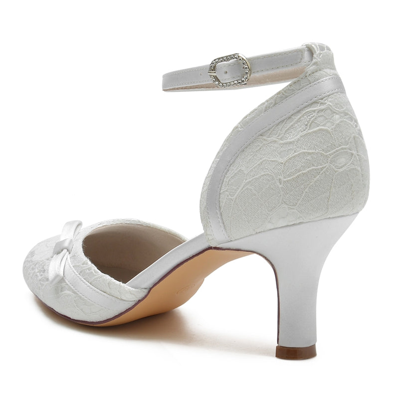 Women's Wedding Shoes Closed Toe Lace Exquisite Buckle Bridal Shoes with Bowknot