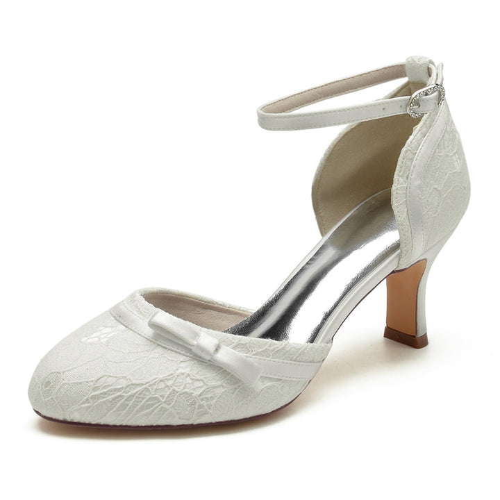 Women's Wedding Shoes Closed Toe Lace Exquisite Buckle Bridal Shoes with Bowknot