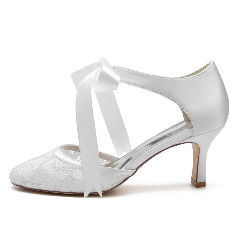 Women's Wedding Shoes Black Round Toe Mid Heel Elegant Bridal Shoes with Bow Straps