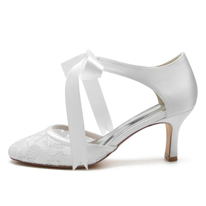 Women's Wedding Shoes Black Round Toe Mid Heel Elegant Bridal Shoes with Bow Straps